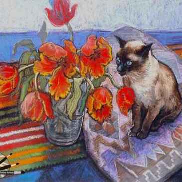 A painting of a siamese cat sitting beside a bowl of red tulips