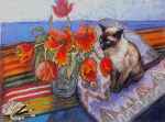 A painting of a siamese cat sitting beside a bowl of red tulips