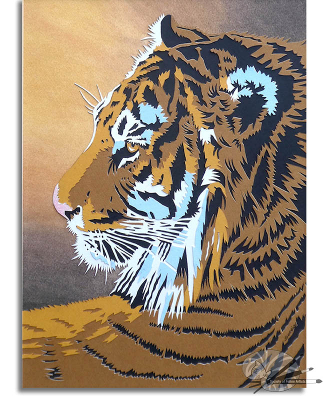 Paper Tiger is an original papercut artwork that captures the striking profile of a tiger. By artist Sarais Crawshaw S.O.F.A.

