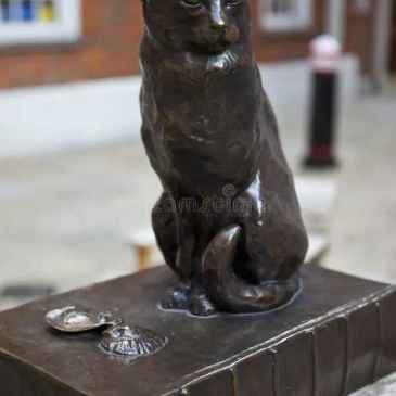 A bronze statue of Hodge the cat was unveiled in 1997 outside the London house he shared with his owner, Samuel Johnson. Sculpted by Jon Bickley, the statue shows Hodge sitting next to empty oyster shells on a copy of Johnson's dictionary. An inscription on the statue reads, "a very fine cat indeed." Visitors often place coins in the oyster shells for good luck, and a pink ribbon is occasionally tied to the statue for special occasions. The sculptor, who grew up near Johnson's birthplace, based the statue on his own cat and designed it to be "shoulder height" so that people could easily put their arm around it.