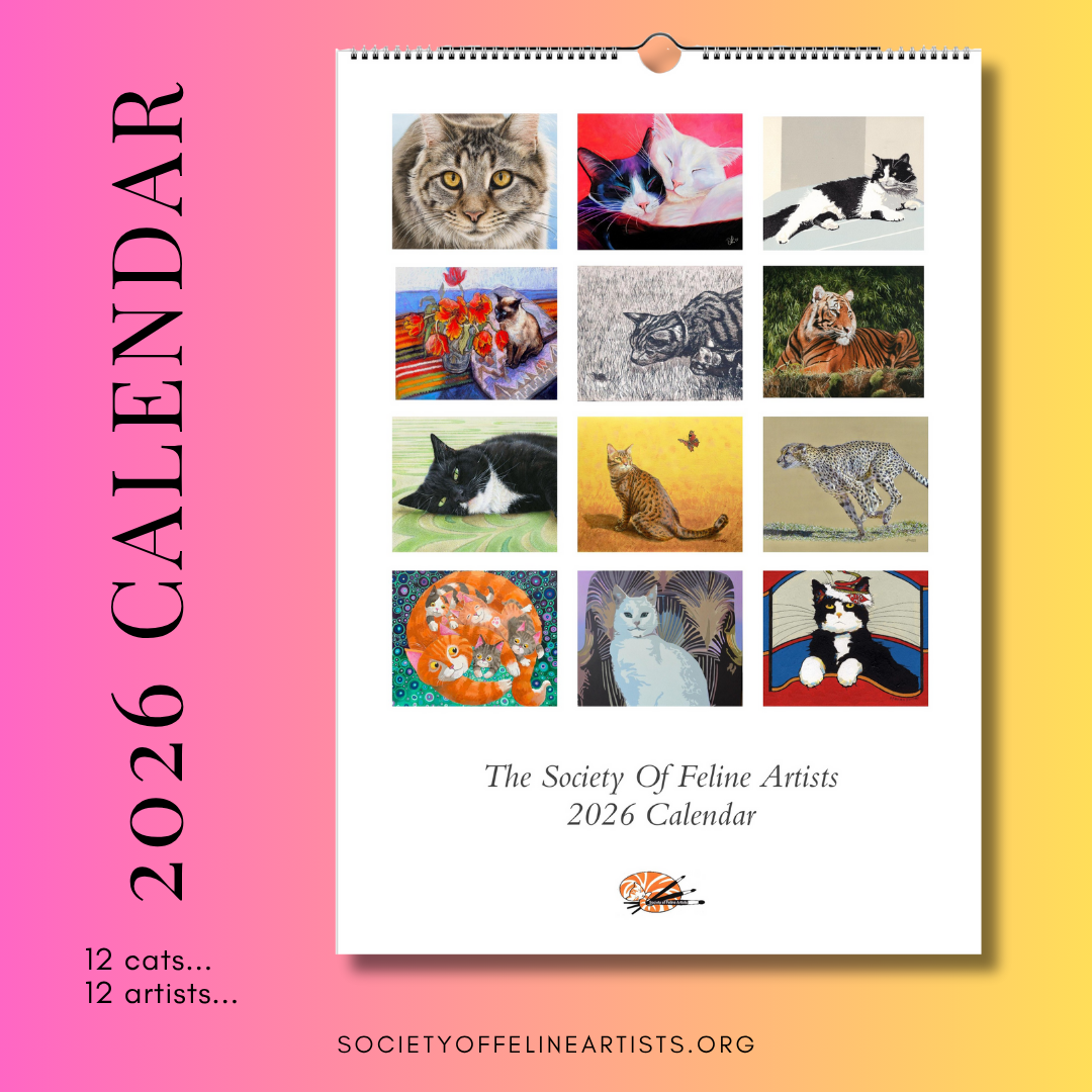 Calendar cover featuring artwork of cats by 12 artists of The Society of Feline Artists