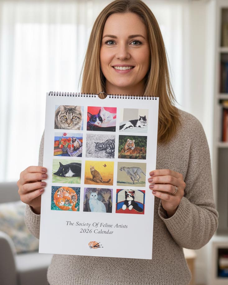 a woman holding a 2026 cat art calendar