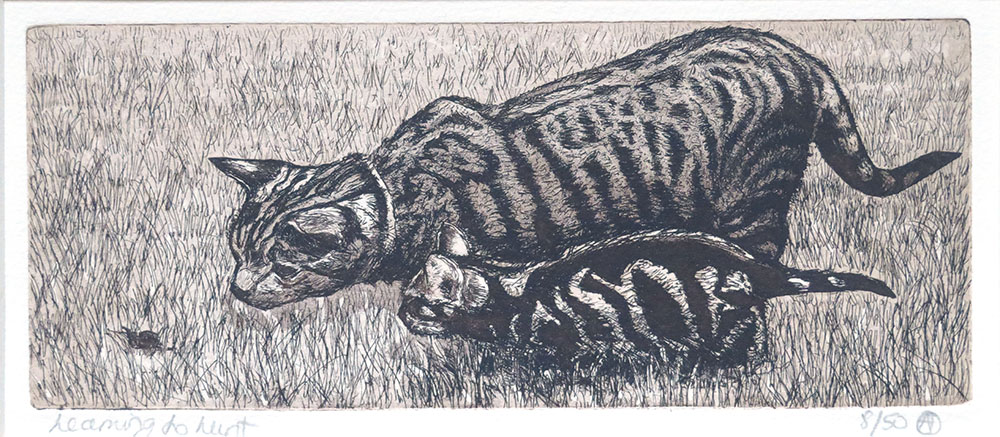 a tabby cat showing her kitten how to hunt, an original print by Avril Sleeman.