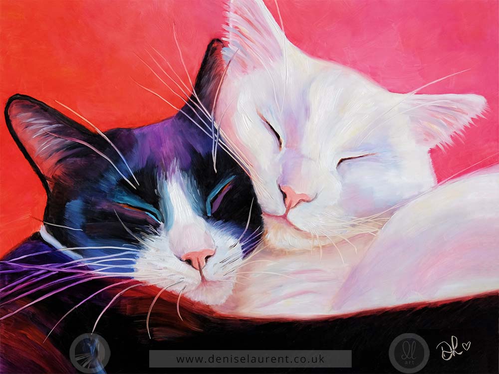 A fine art print of two cuddling cats, a tuxedo and a white cat.
