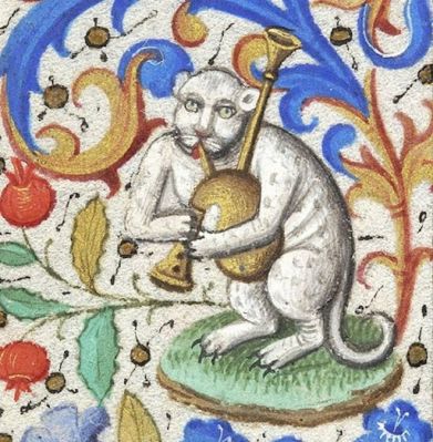 This image is a medieval manuscript illumination known as "Bagpipes Cat," likely from a 15th-century French manuscript.
A white, anthropomorphic cat holding and playing a set of bagpipes.