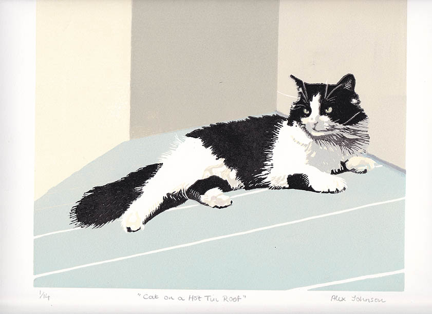 A black and white cat relaxing. An original print by Alex Johnson.