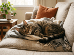 Tabby cat lying curled up on a beige couch with a gray blanket and orange pillow