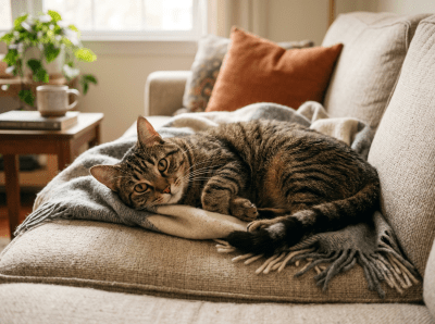 Tabby cat lying curled up on a beige couch with a gray blanket and orange pillow