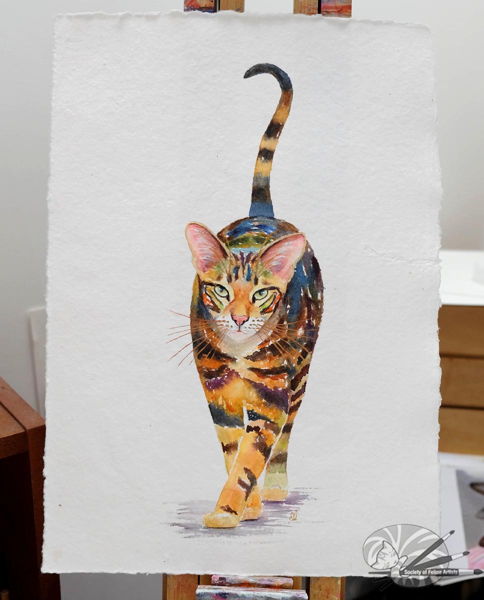 brown oriental tabby cat in watercolour on handmade paper